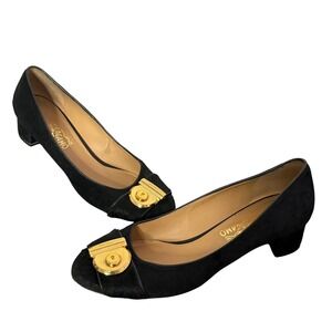 Salvatore Ferragamo Fiamma Black Pony Calf Hair Gold Buckle Pumps Size 11